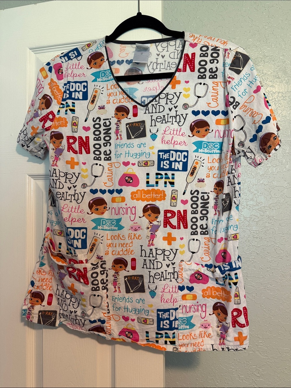 Disney White Scrub Top with Multicolor Medical Accents